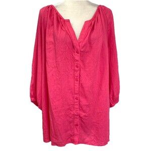 Ashley Stewart Women's 12 Button Top Blouse Fuchsia Relaxed Linen Rayon Blend